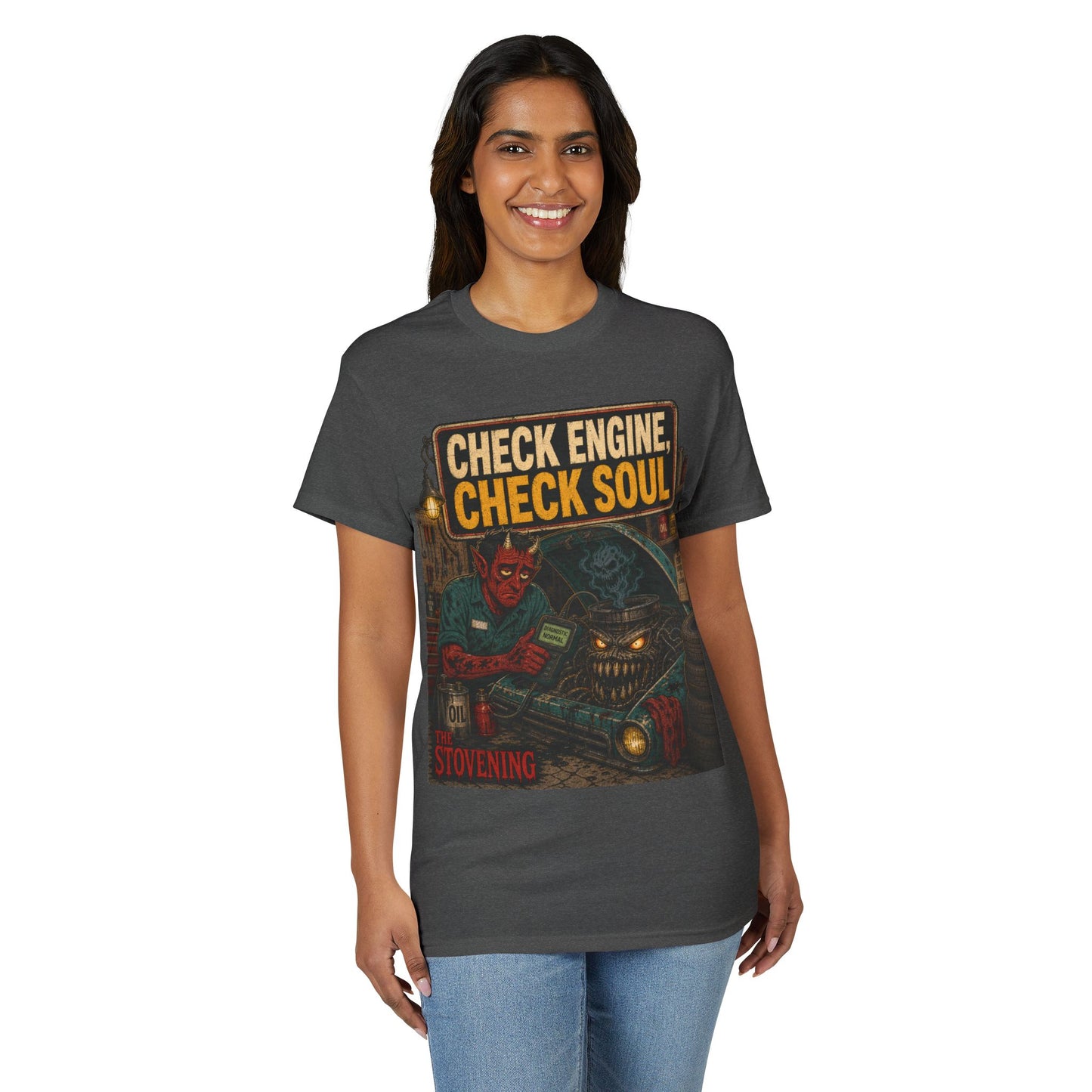 Check Engine, Check Soul T-Shirt — Retro Devil Mechanic Graphic Tee