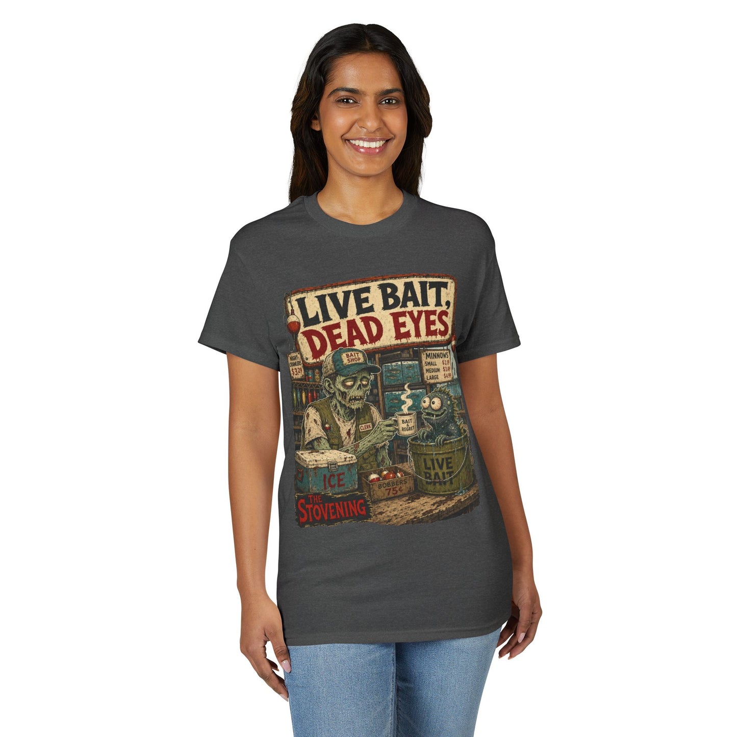 Live Bait Dead Eyes T-Shirt — Retro Zombie Bait Shop Graphic Tee