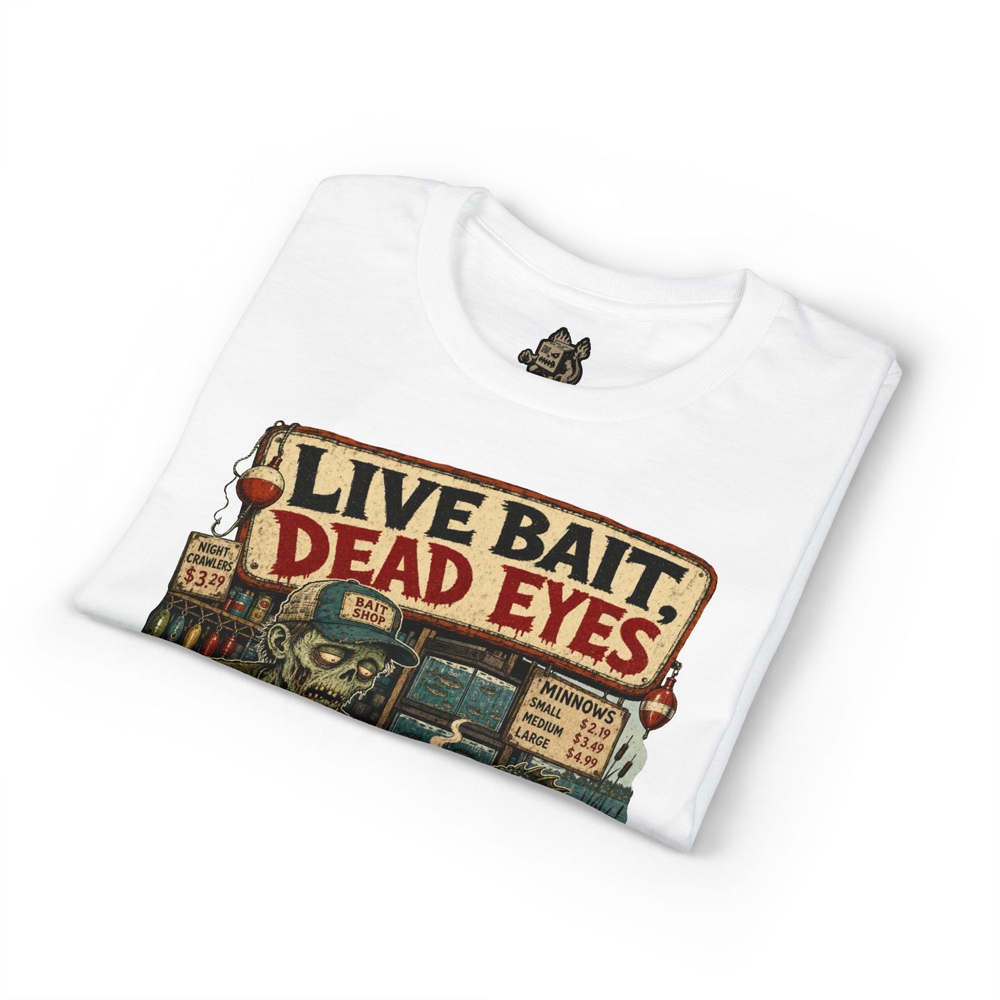 Live Bait Dead Eyes T-Shirt — Retro Zombie Bait Shop Graphic Tee