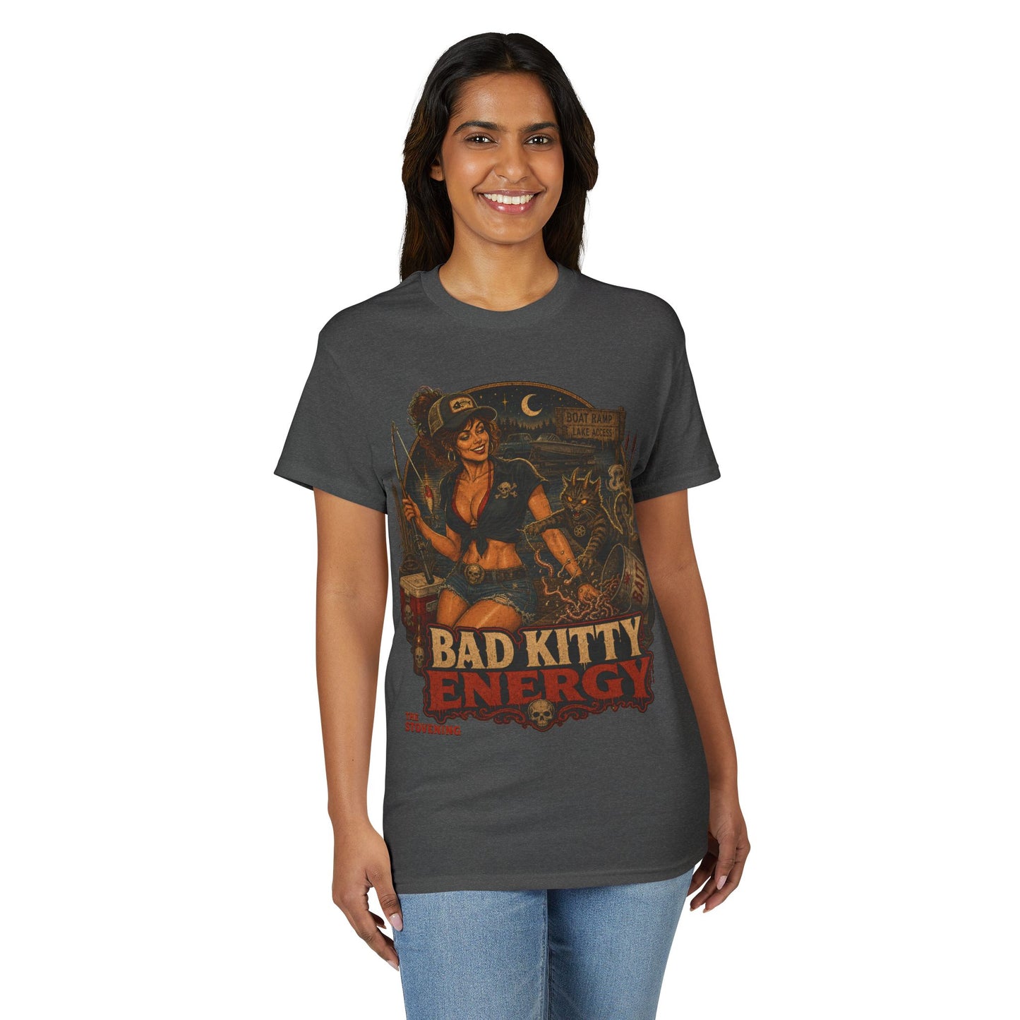 Bad Kitty Energy T-Shirt — Pinup Biker Cat Graphic Tee