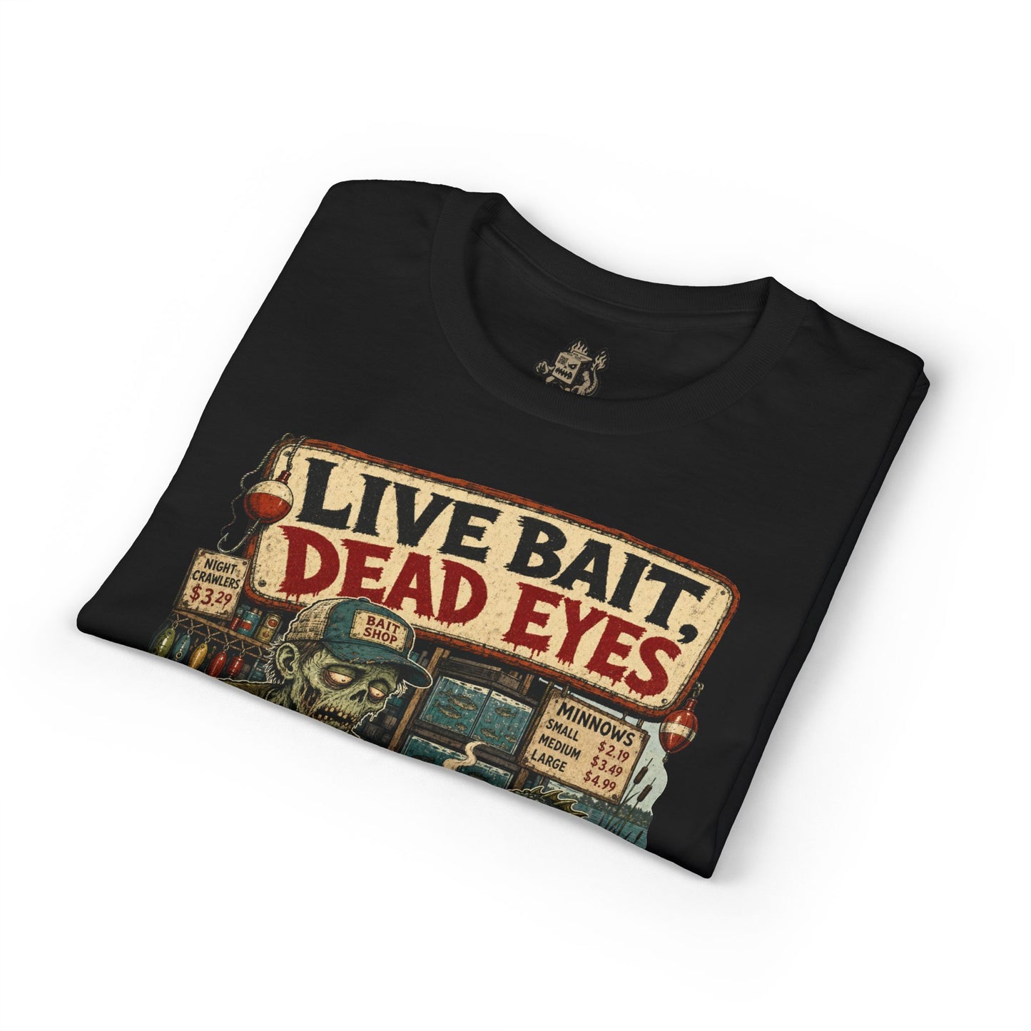 Live Bait Dead Eyes T-Shirt — Retro Zombie Bait Shop Graphic Tee