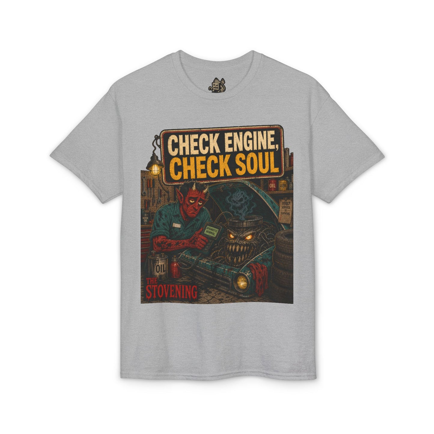 Check Engine, Check Soul T-Shirt — Retro Devil Mechanic Graphic Tee