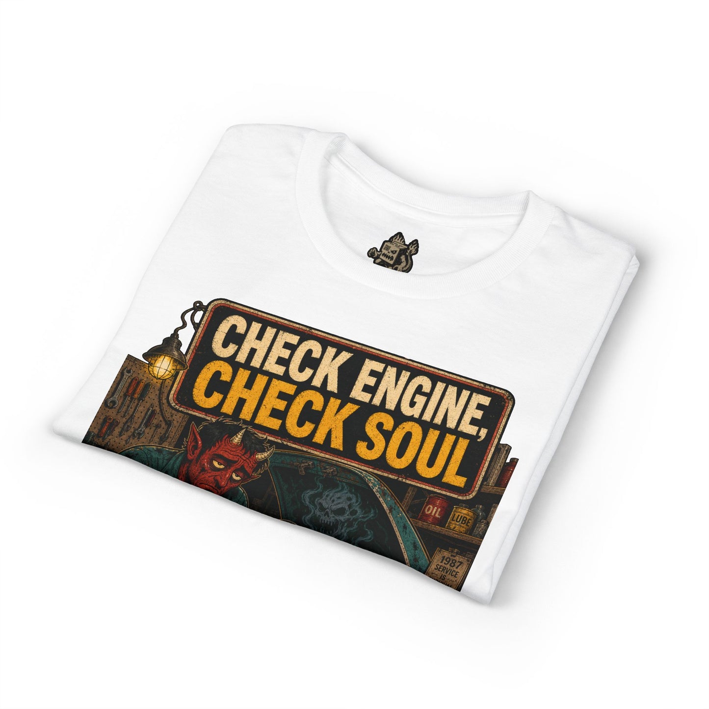 Check Engine, Check Soul T-Shirt — Retro Devil Mechanic Graphic Tee