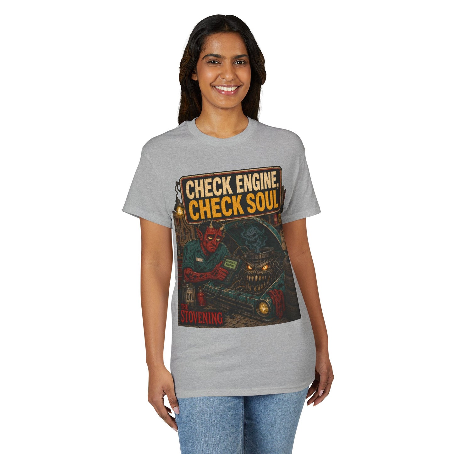 Check Engine, Check Soul T-Shirt — Retro Devil Mechanic Graphic Tee