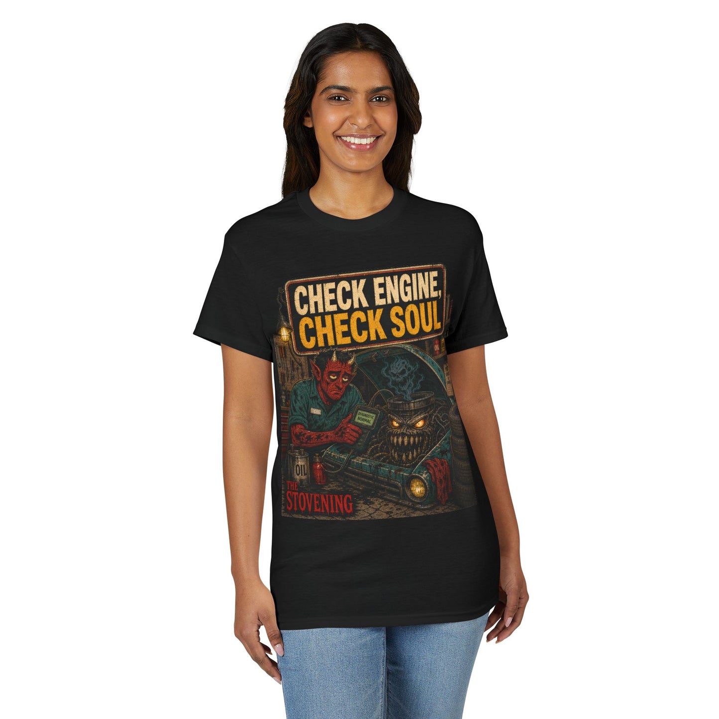 Check Engine, Check Soul T-Shirt — Retro Devil Mechanic Graphic Tee