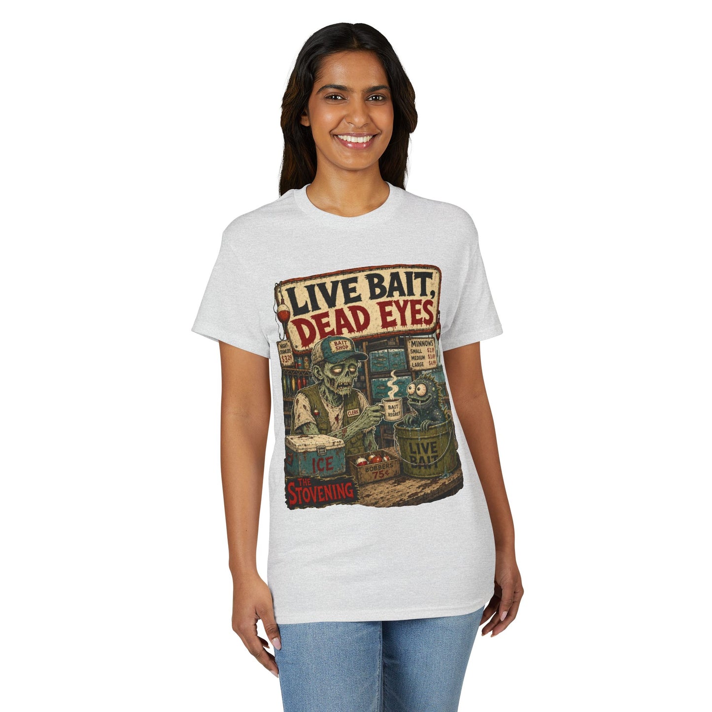 Live Bait Dead Eyes T-Shirt — Retro Zombie Bait Shop Graphic Tee