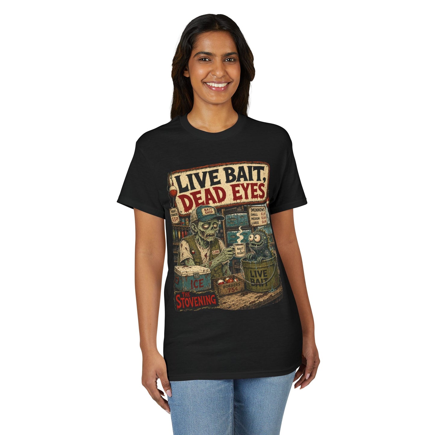 Live Bait Dead Eyes T-Shirt — Retro Zombie Bait Shop Graphic Tee