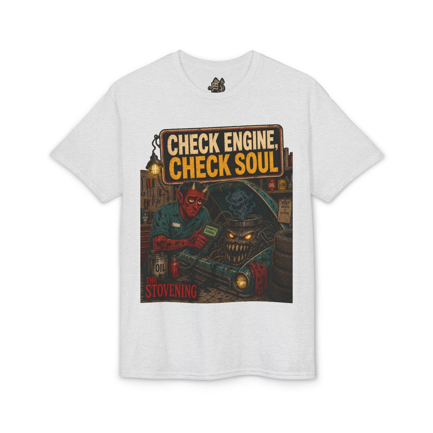 Check Engine, Check Soul T-Shirt — Retro Devil Mechanic Graphic Tee