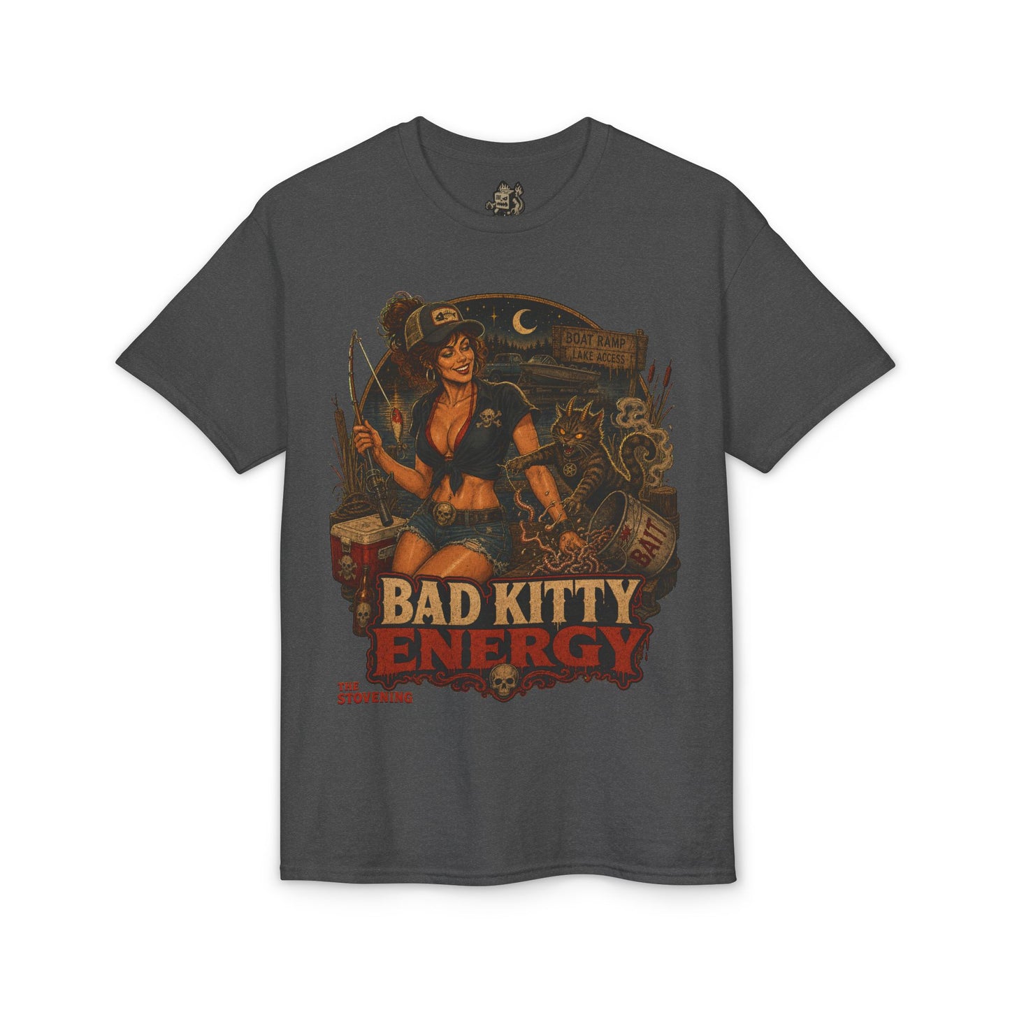 Bad Kitty Energy T-Shirt — Pinup Biker Cat Graphic Tee