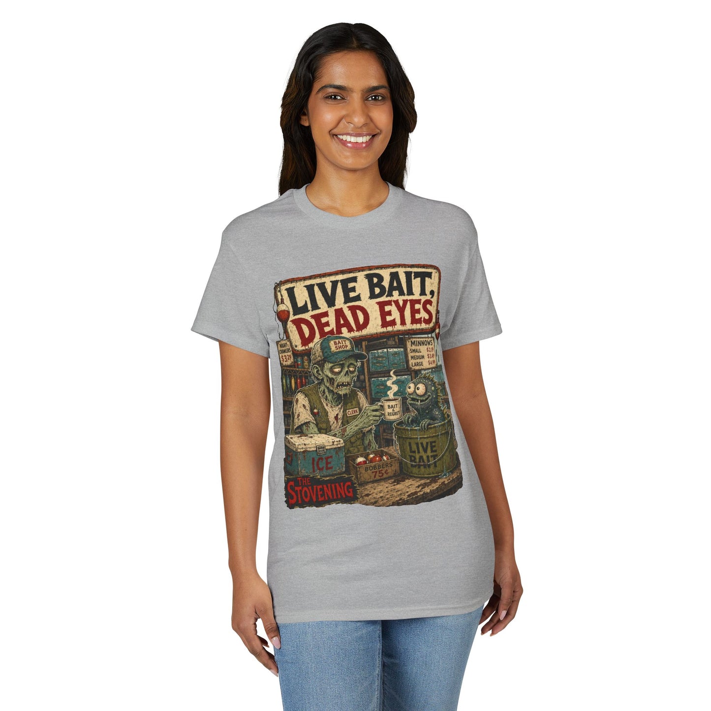 Live Bait Dead Eyes T-Shirt — Retro Zombie Bait Shop Graphic Tee