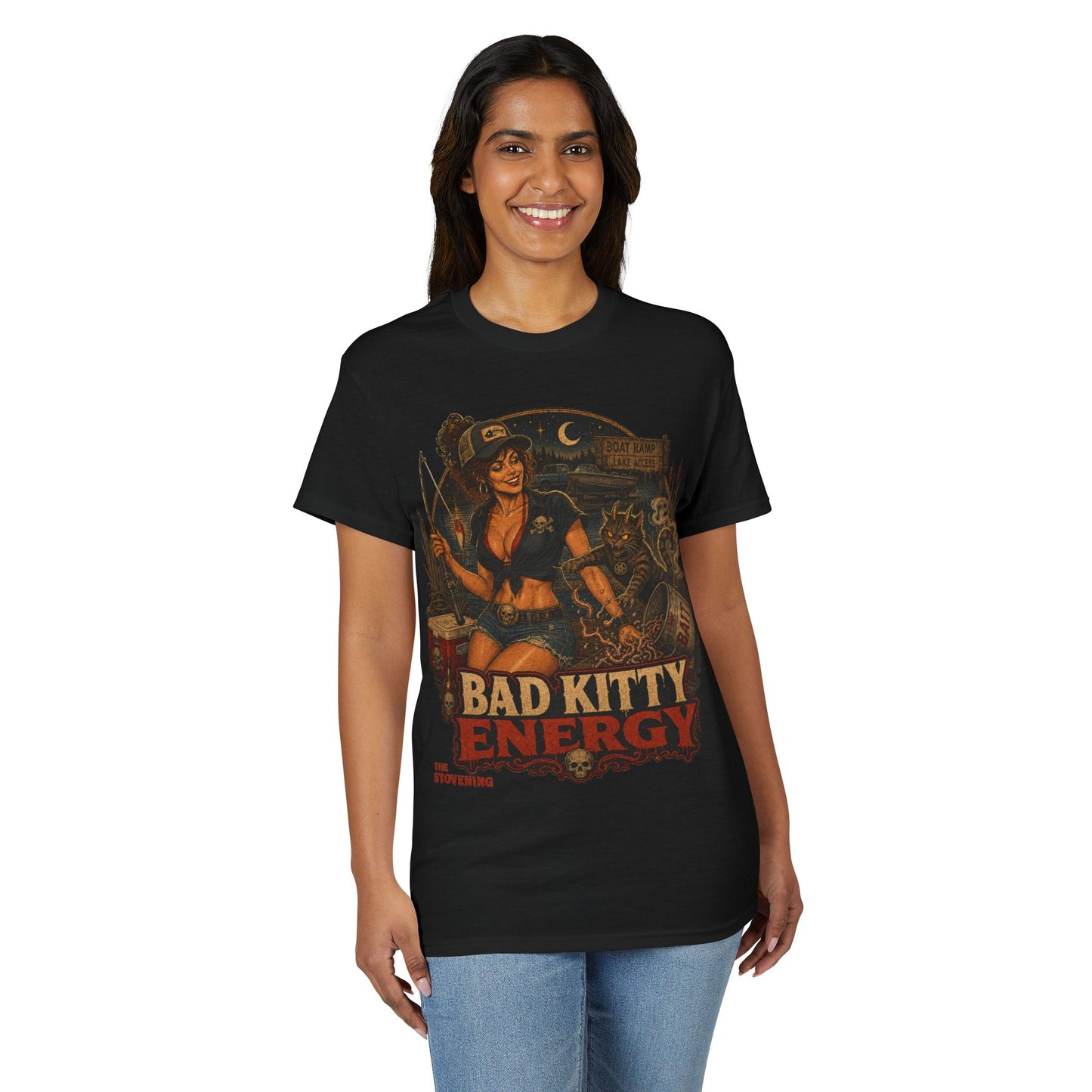 Bad Kitty Energy T-Shirt — Pinup Biker Cat Graphic Tee
