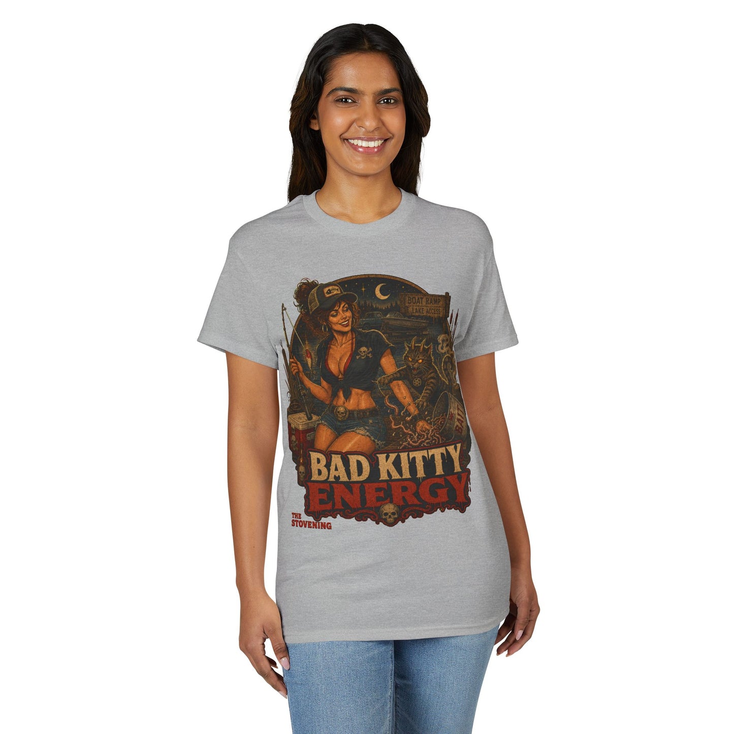 Bad Kitty Energy T-Shirt — Pinup Biker Cat Graphic Tee