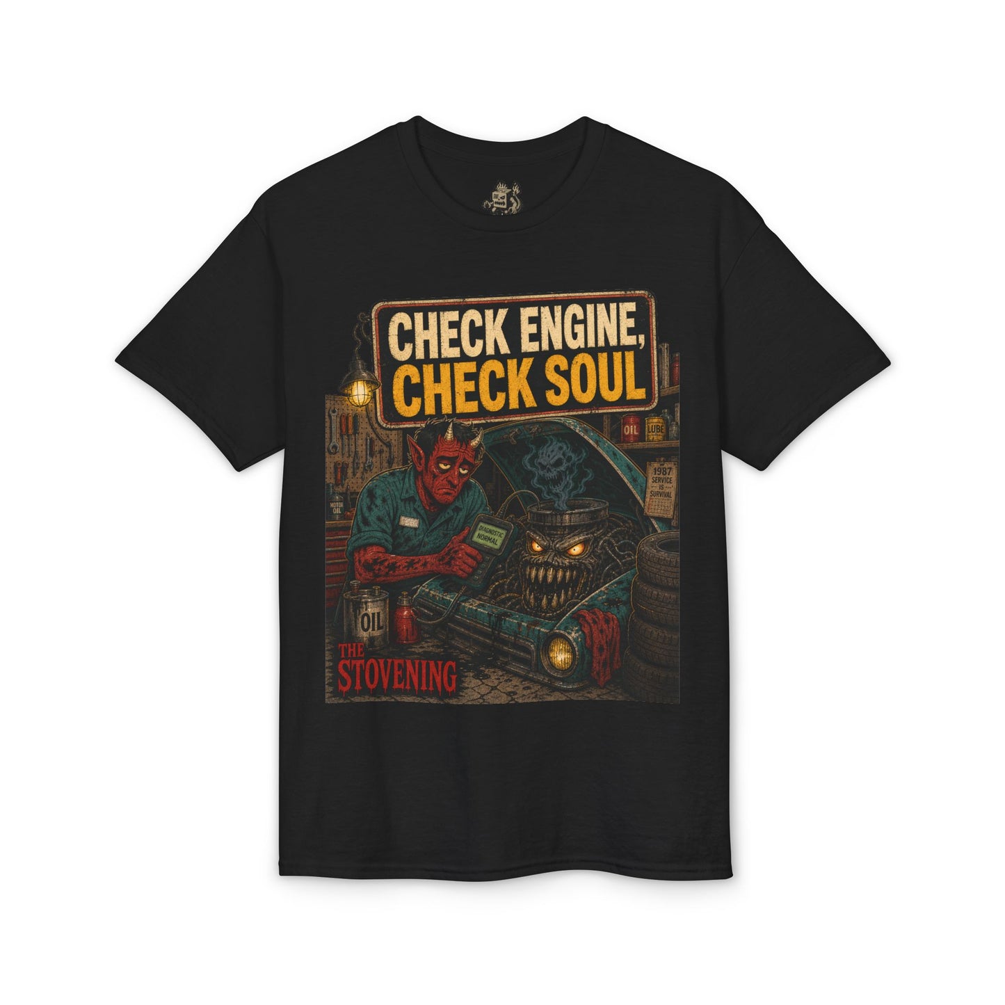Check Engine, Check Soul T-Shirt — Retro Devil Mechanic Graphic Tee