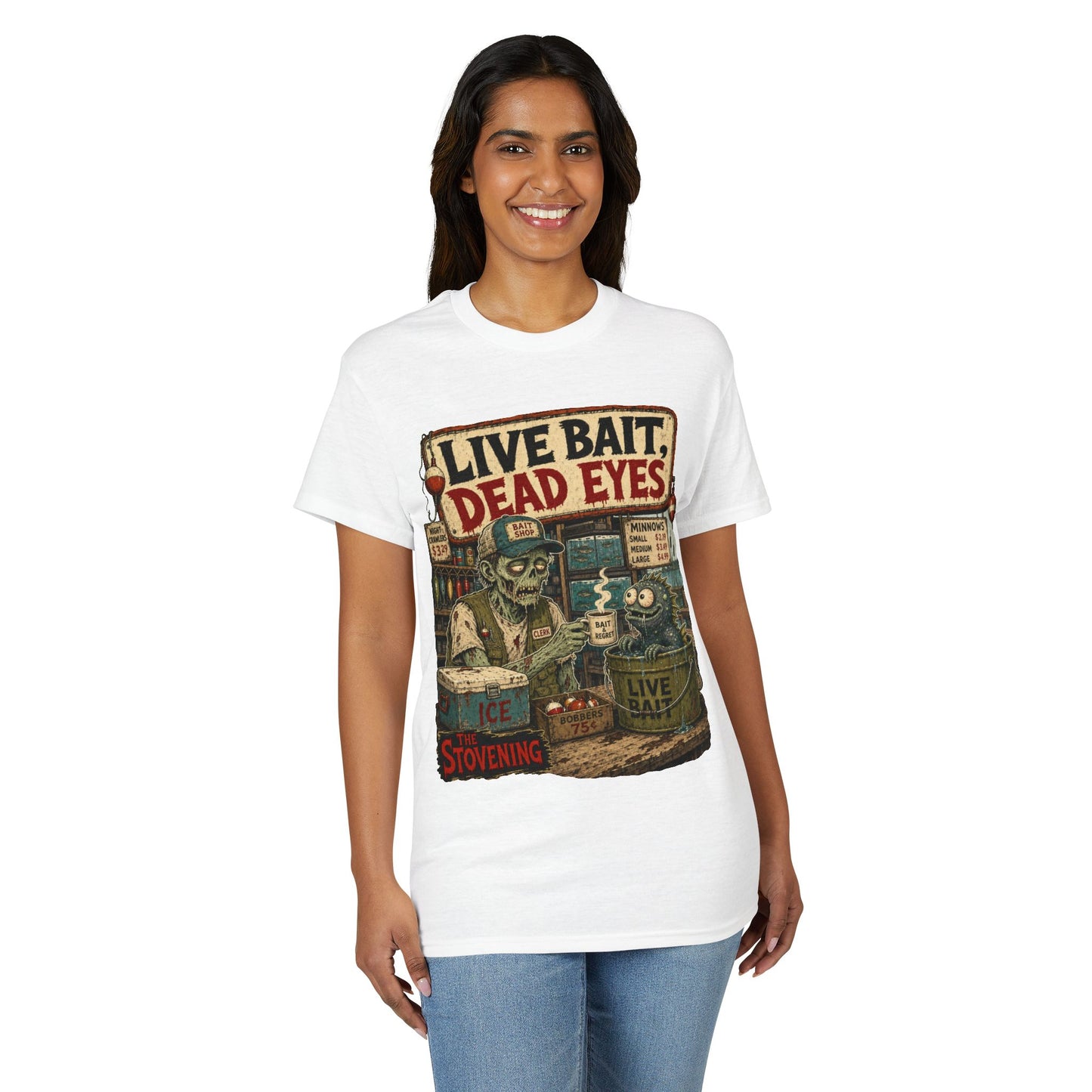 Live Bait Dead Eyes T-Shirt — Retro Zombie Bait Shop Graphic Tee
