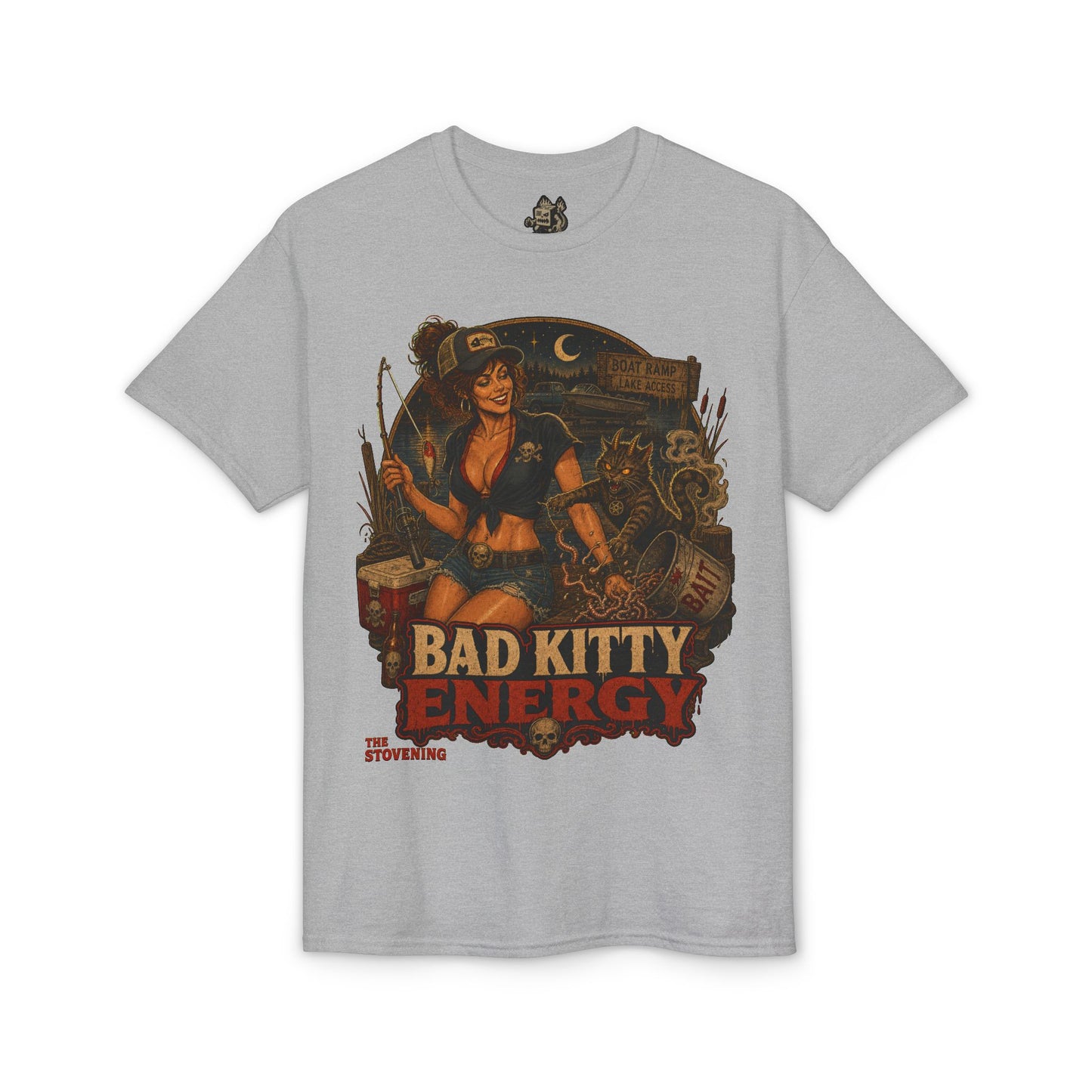 Bad Kitty Energy T-Shirt — Pinup Biker Cat Graphic Tee