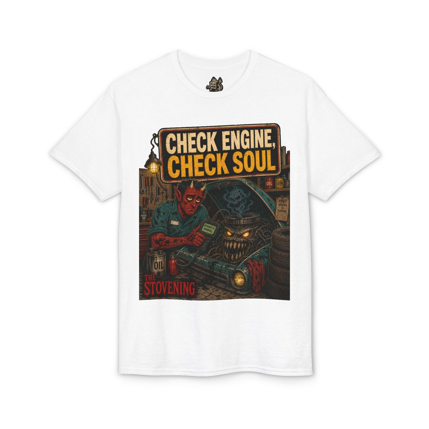 Check Engine, Check Soul T-Shirt — Retro Devil Mechanic Graphic Tee