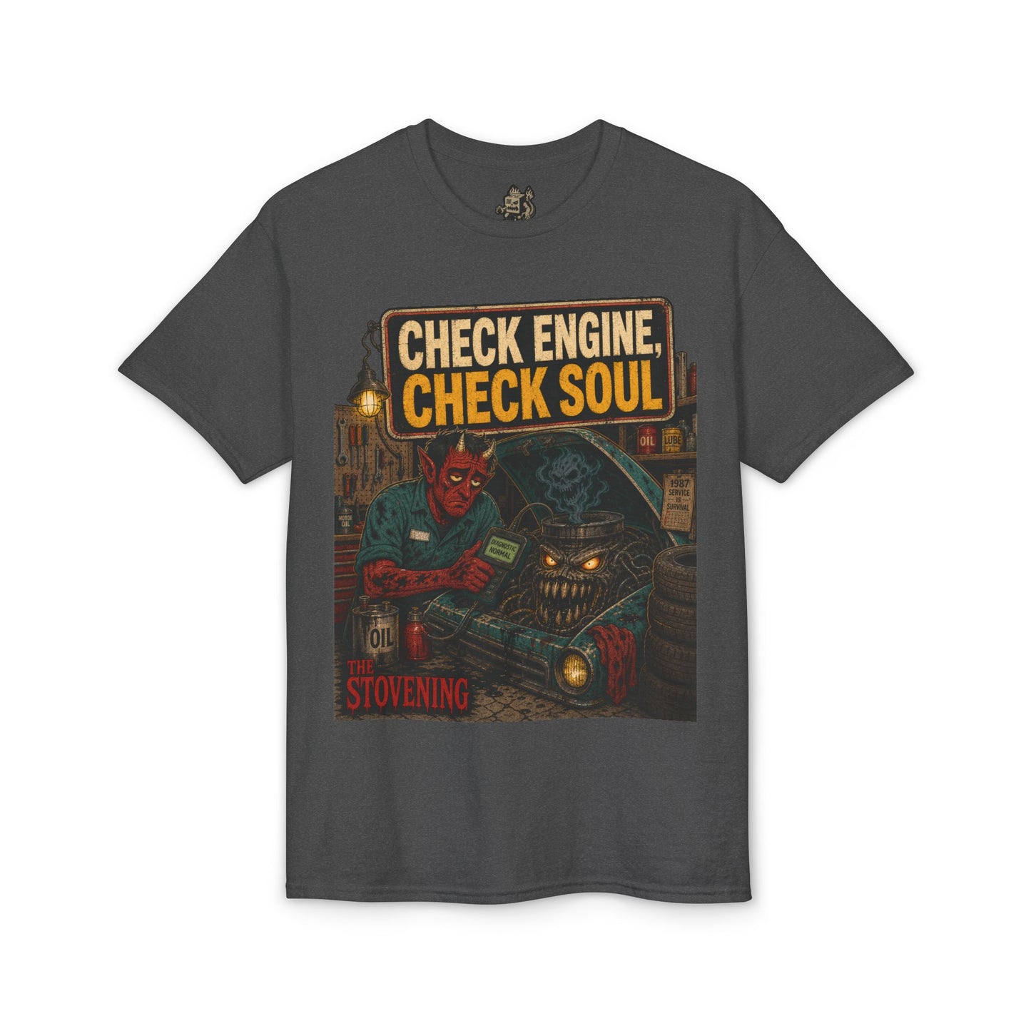 Check Engine, Check Soul T-Shirt — Retro Devil Mechanic Graphic Tee