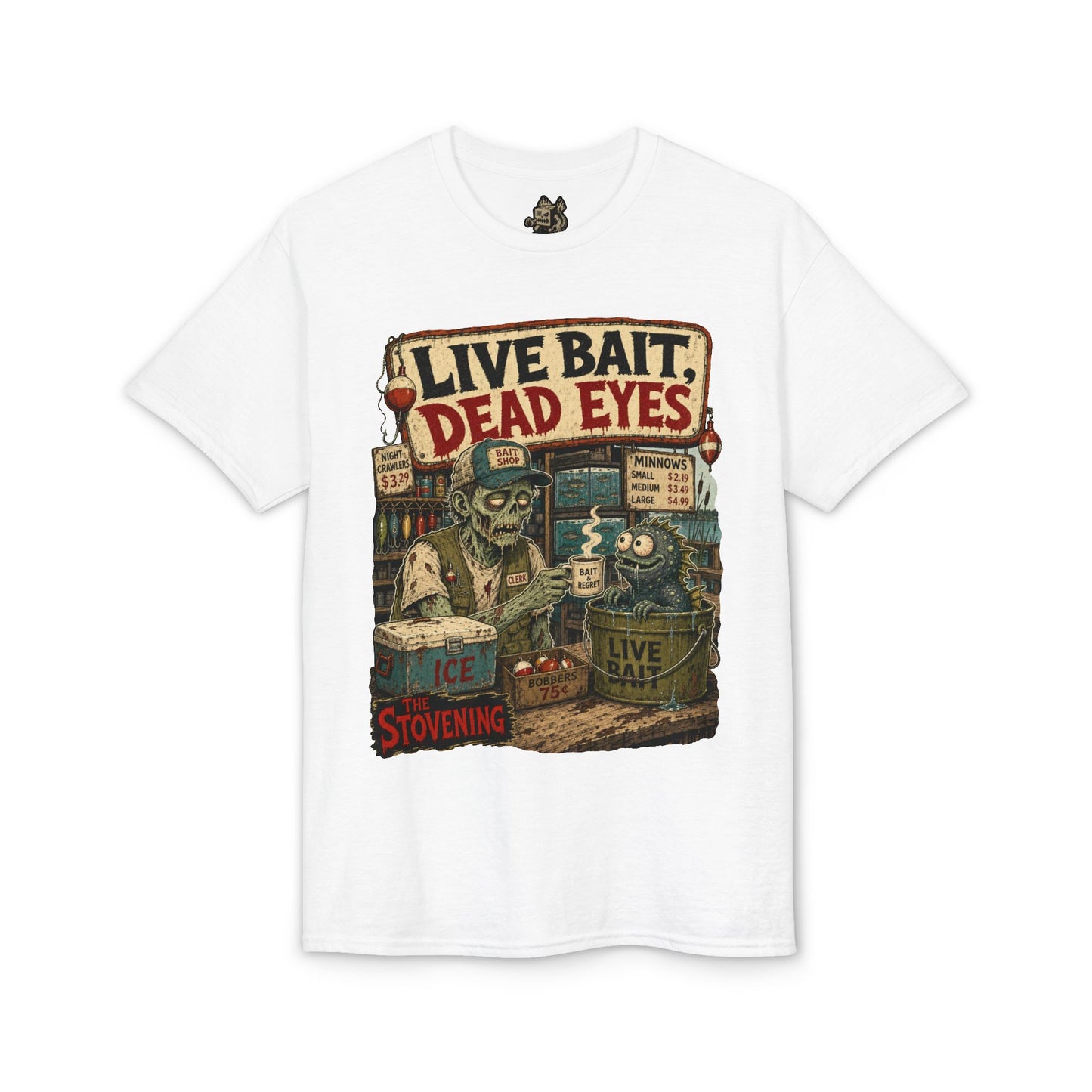 Live Bait Dead Eyes T-Shirt — Retro Zombie Bait Shop Graphic Tee