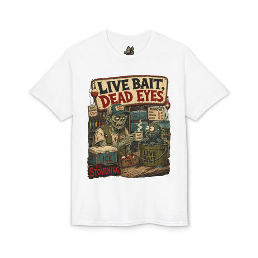 Live Bait Dead Eyes T-Shirt — Retro Zombie Bait Shop Graphic Tee
