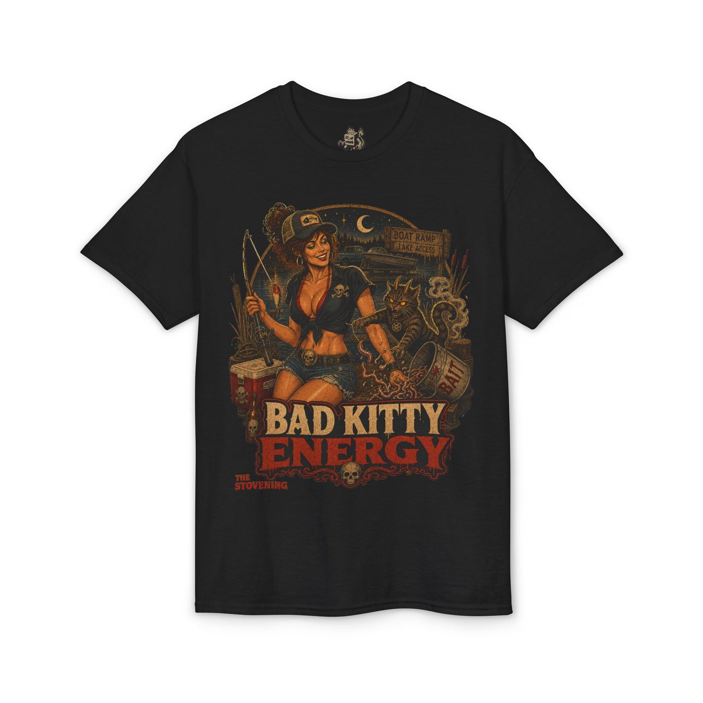 Bad Kitty Energy T-Shirt — Pinup Biker Cat Graphic Tee