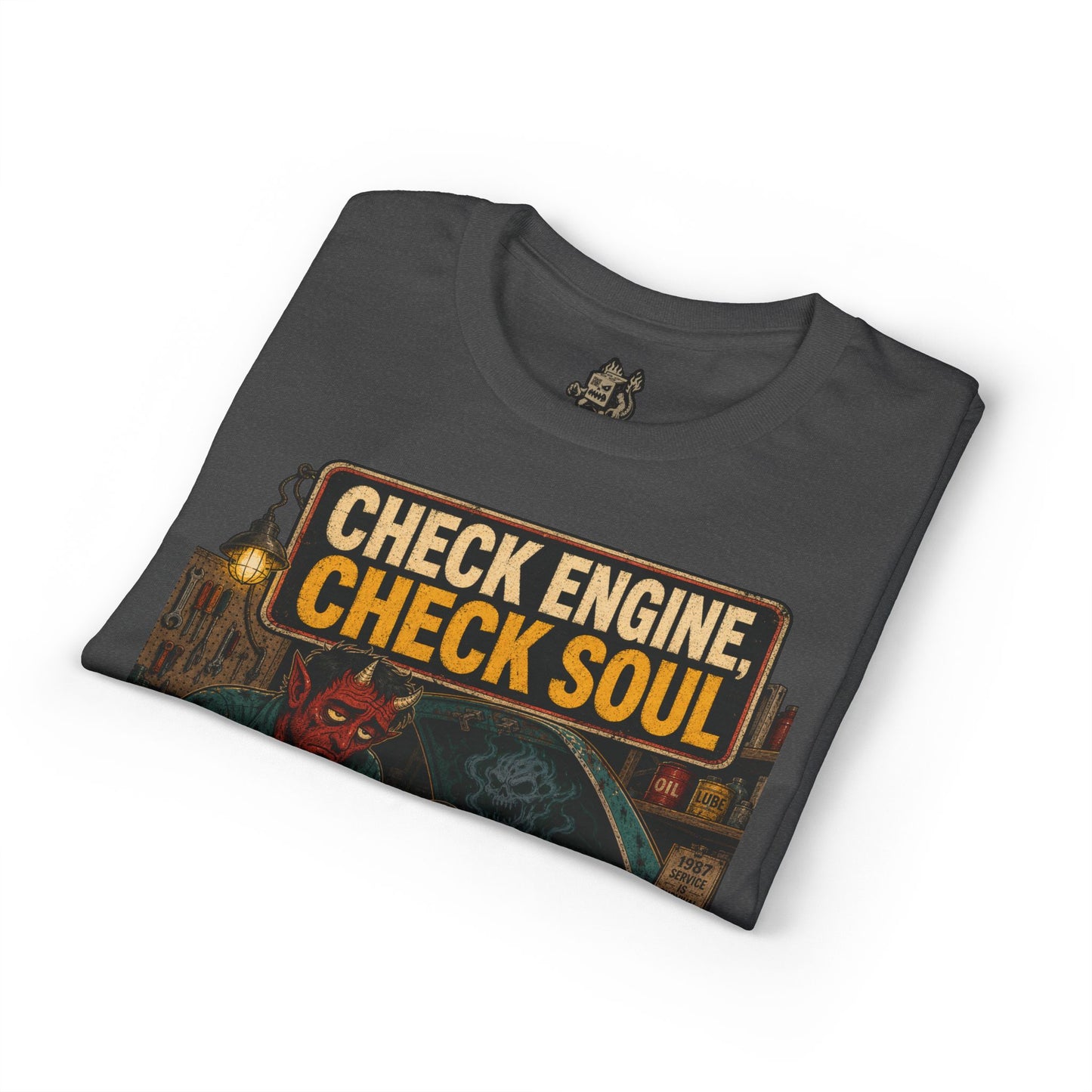 Check Engine, Check Soul T-Shirt — Retro Devil Mechanic Graphic Tee
