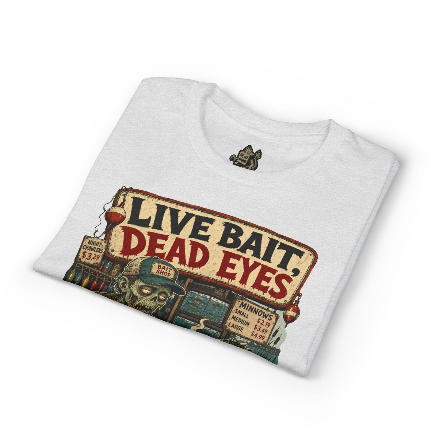 Live Bait Dead Eyes T-Shirt — Retro Zombie Bait Shop Graphic Tee