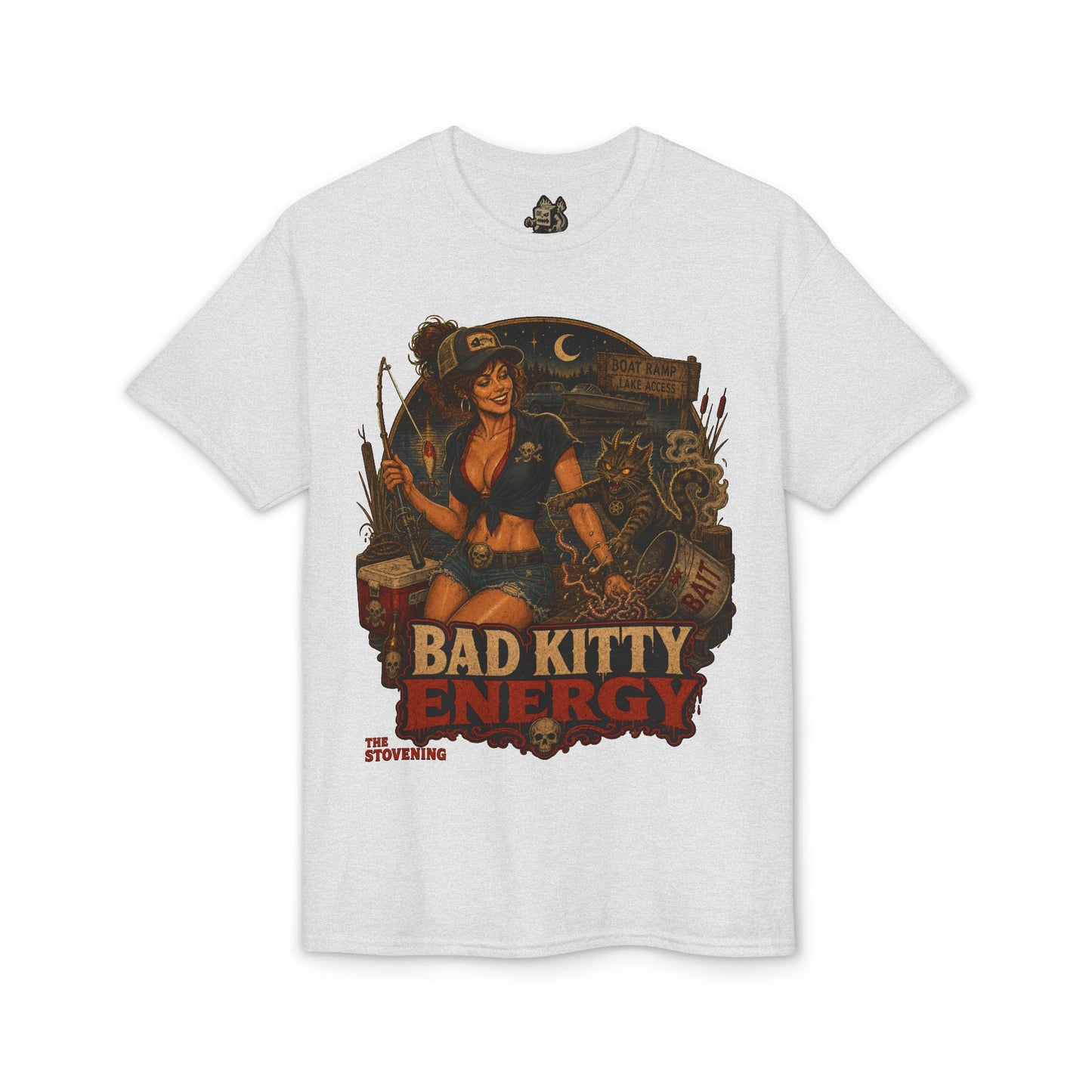 Bad Kitty Energy T-Shirt — Pinup Biker Cat Graphic Tee