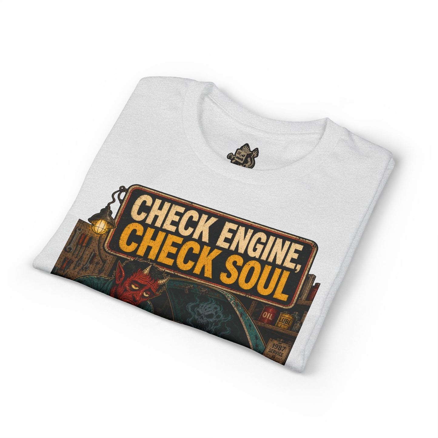 Check Engine, Check Soul T-Shirt — Retro Devil Mechanic Graphic Tee