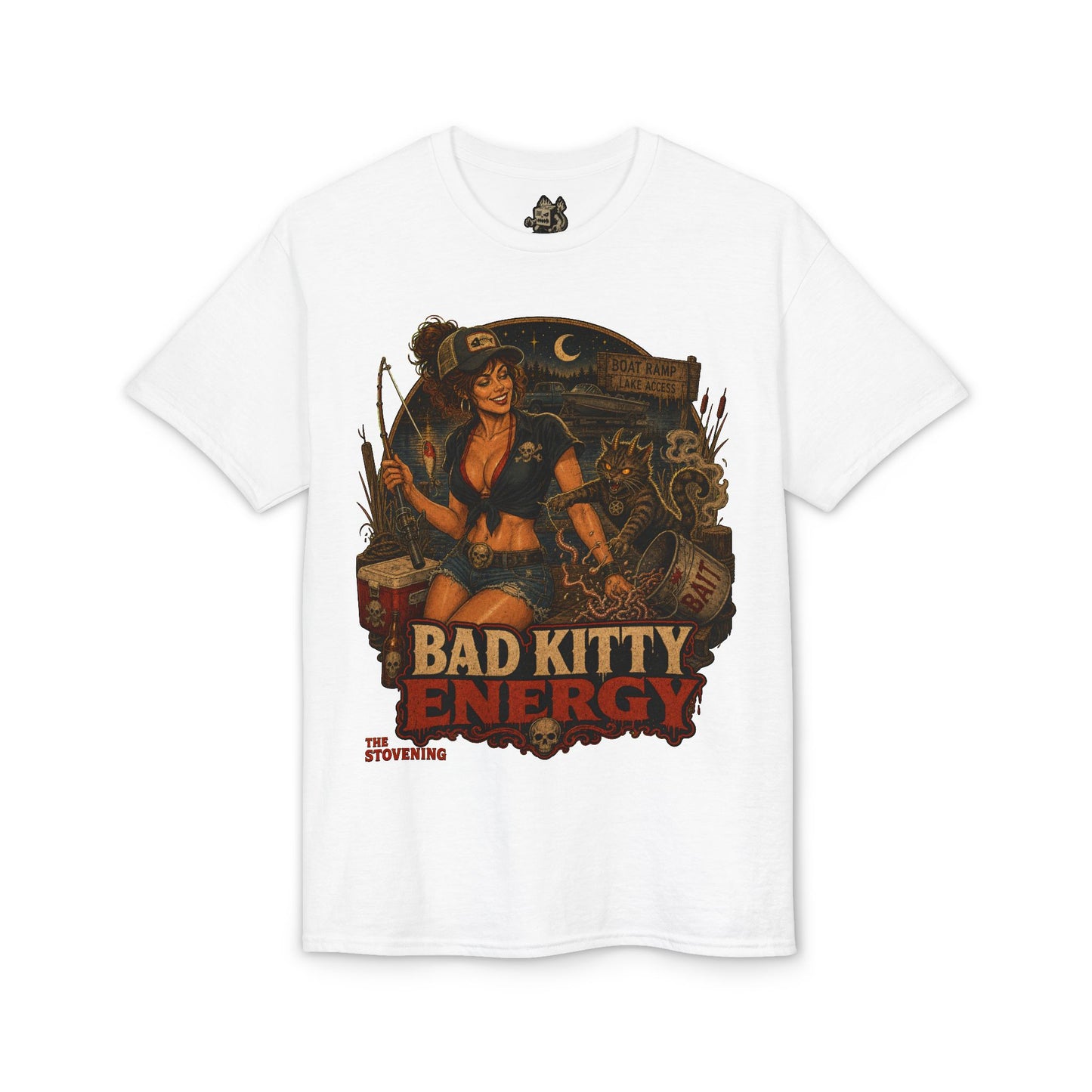 Bad Kitty Energy T-Shirt — Pinup Biker Cat Graphic Tee