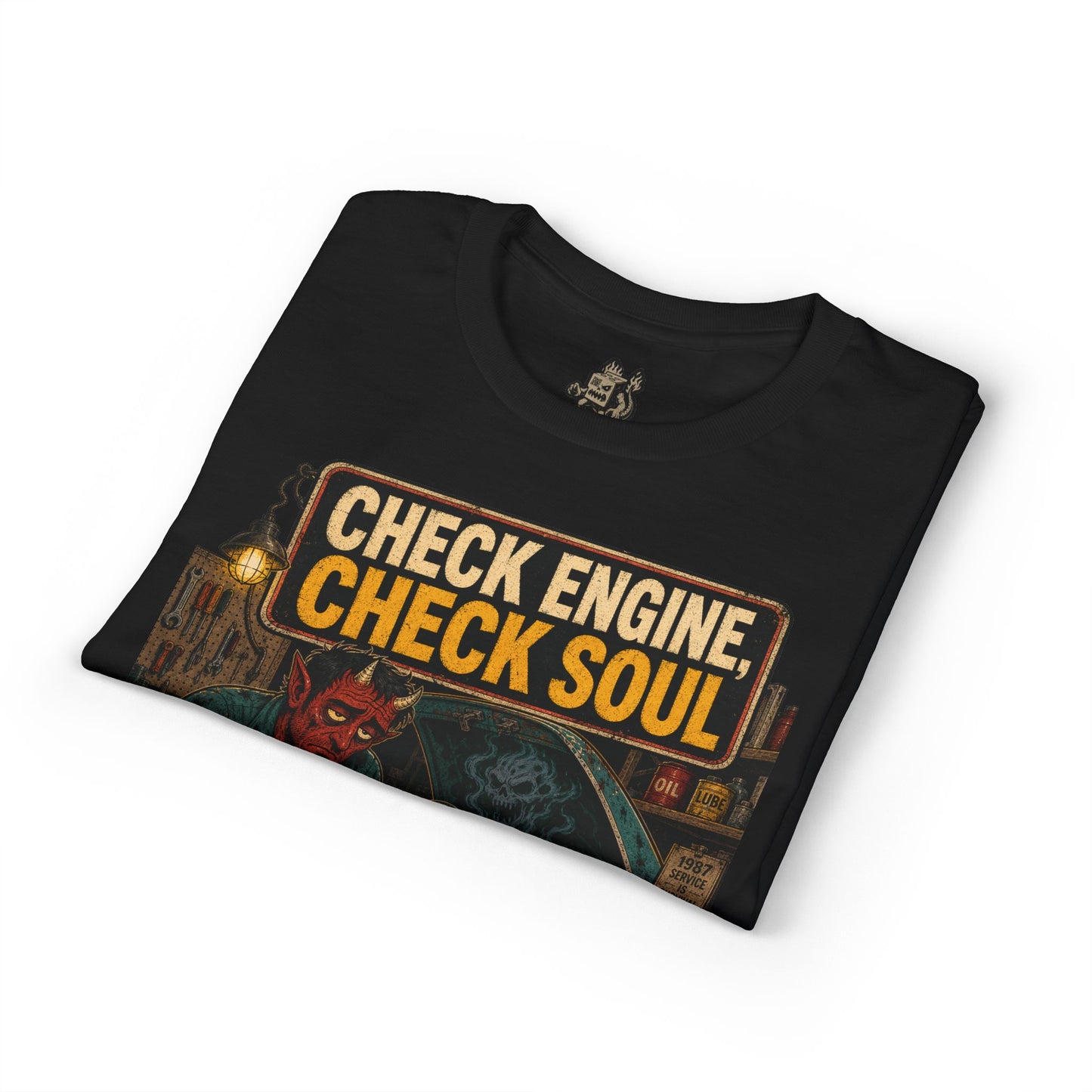 Check Engine, Check Soul T-Shirt — Retro Devil Mechanic Graphic Tee