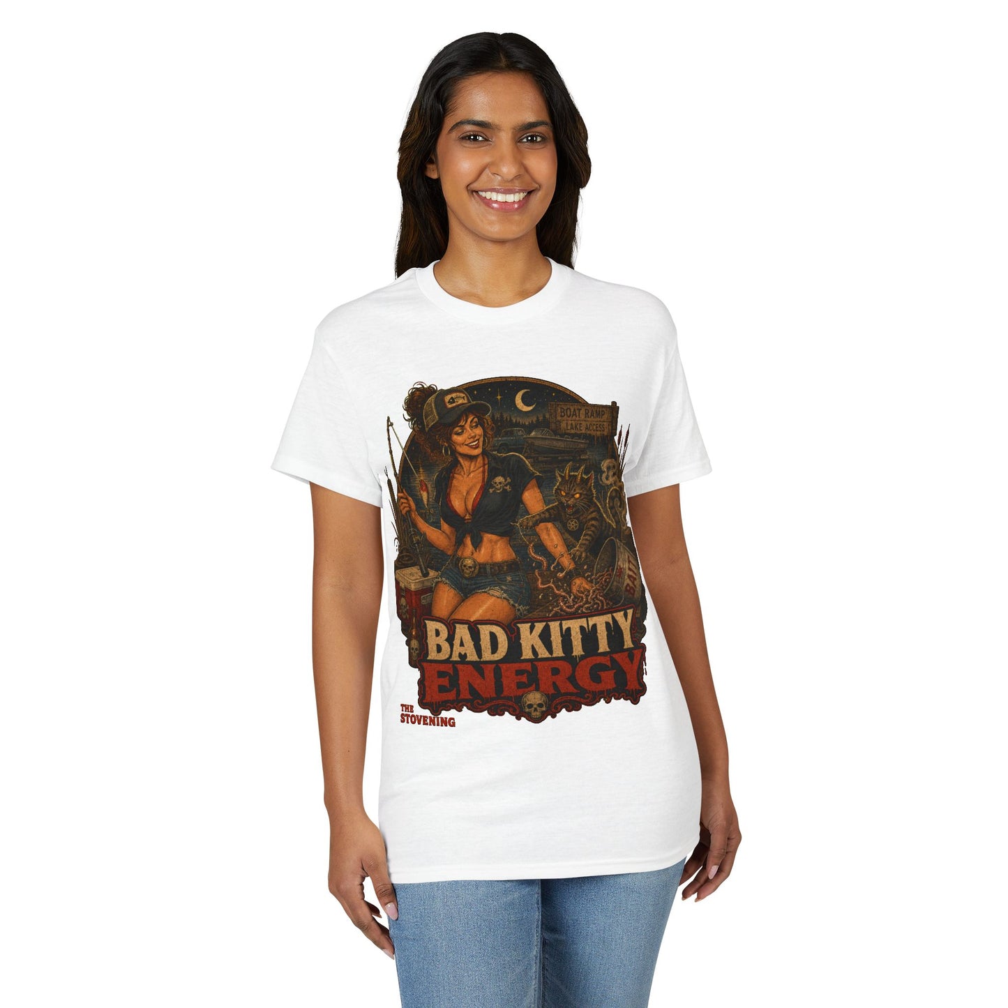 Bad Kitty Energy T-Shirt — Pinup Biker Cat Graphic Tee