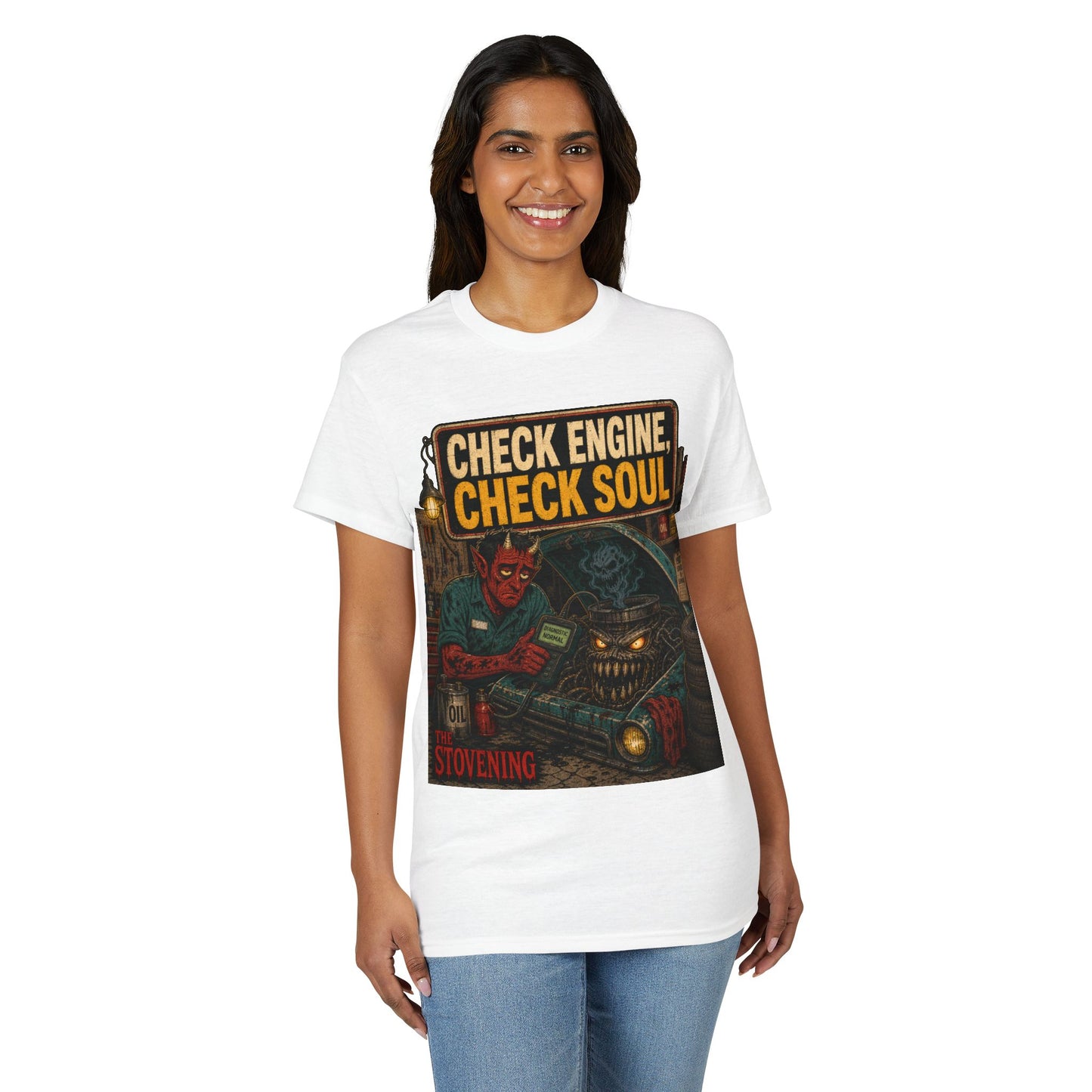 Check Engine, Check Soul T-Shirt — Retro Devil Mechanic Graphic Tee