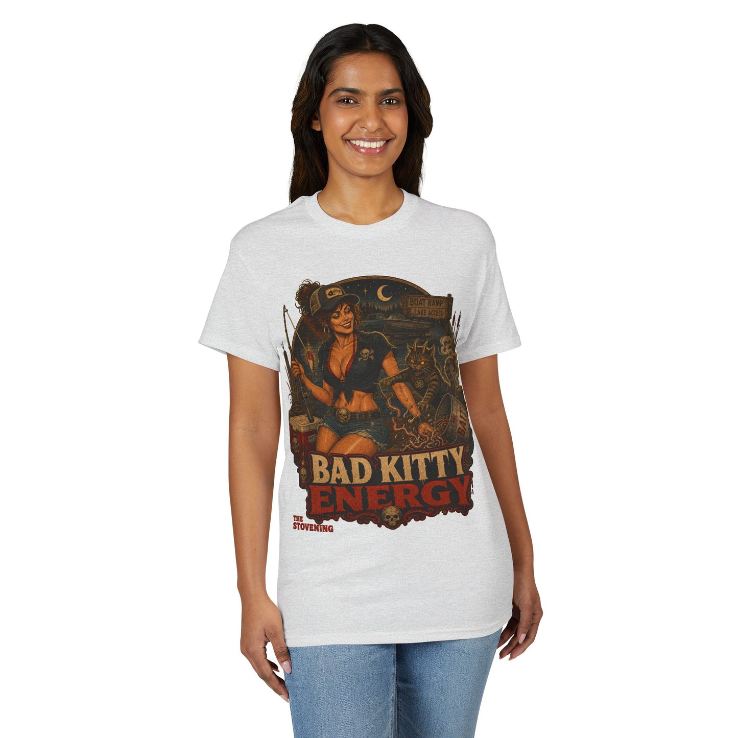 Bad Kitty Energy T-Shirt — Pinup Biker Cat Graphic Tee