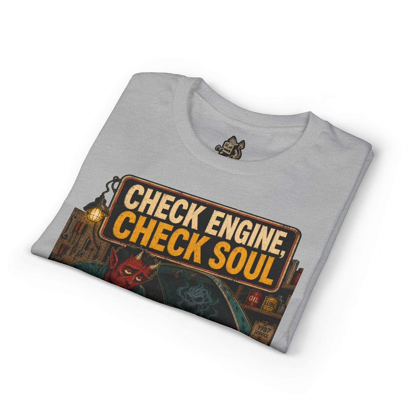 Check Engine, Check Soul T-Shirt — Retro Devil Mechanic Graphic Tee